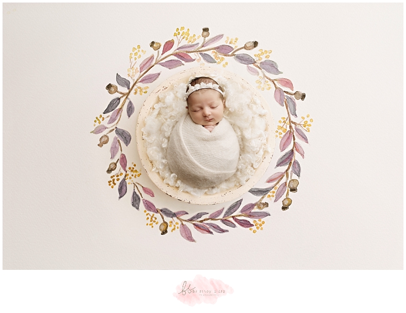 Calgary Newborn Photographer baby girl in white bowl with watercolor accents
